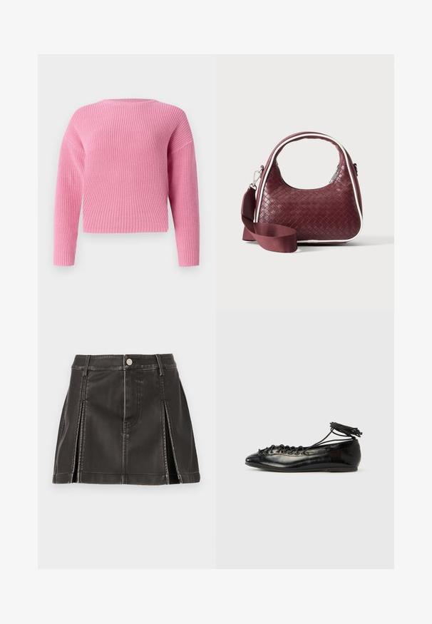 Pull en tricot rose avec un design court, des manches longues et une texture côtelée. Encolure ronde simple sans fermetures visibles.; Jupe en simili cuir noire taille haute, avec des détails brodés et des plis latéraux. Fermeture à bouton en métal à l'avant.; Ballerines en cuir verni noir avec un bout rond, un design à lacets et une semelle plate. Texture lisse avec peu de détails.; Sac à main en cuir tressé marron foncé avec poignée courbée, garniture blanche, fermeture éclair argentée et bandoulière large en tissu amovible sur fond uni.