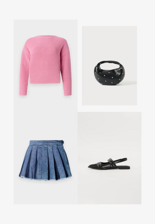 Pull en tricot rose avec un design court, des manches longues et une texture côtelée. Encolure ronde simple sans fermetures visibles.; Mini-jupe plissée en denim bleu avec une fermeture à bouton et une fermeture éclair sur le côté, comportant un détail d'ourlet effiloché.; Even&Odd Ballerines à brides arrière - black; Sac à main en cuir noir de forme arrondie, décoré de clous argentés et équipé d'une poignée courte. Texture lisse et fermeture éclair.