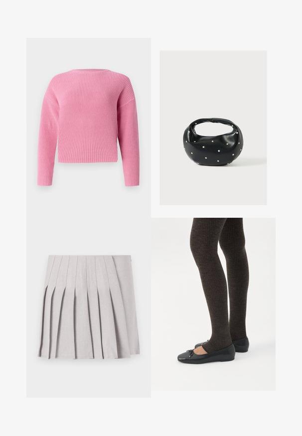 Suéter de punto rosa con un diseño corto, mangas largas y una textura acanalada. Cuello redondo sencillo y sin cierres visibles.; Falda gris con pliegues y una textura suave, que presenta múltiples pliegues verticales y una cintura ajustada. Fabricada con un tejido ligero.; Piernas con leggings oscuros acanalados combinados con bailarinas negras que presentan pequeños detalles de lazo sobre un fondo blanco.; Bolso de mano de cuero negro con forma redondeada, decorado con detalles de tachuelas plateadas y un asa corta. Textura lisa y cierre con cremallera.