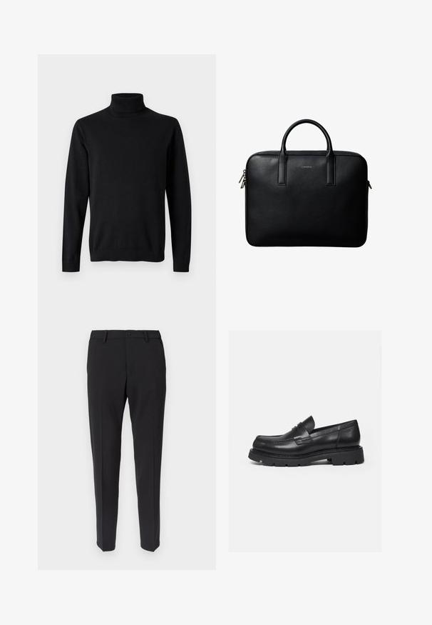 Pull noir à manches longues avec col roulé côtelé, poignets et ourlet sur fond gris clair uni.; Pantalon noir sur mesure à coupe droite, avec une texture lisse, des passants pour ceinture et des poches avant. Fermeture par bouton et fermeture éclair.; Mocassin en cuir noir avec semelle épaisse crantée et détail de bride penny, présenté en profil droit sur fond blanc.; Mallette en cuir noir texturé avec double poignées et tirettes de fermeture éclair argentées, centrée sur fond blanc.