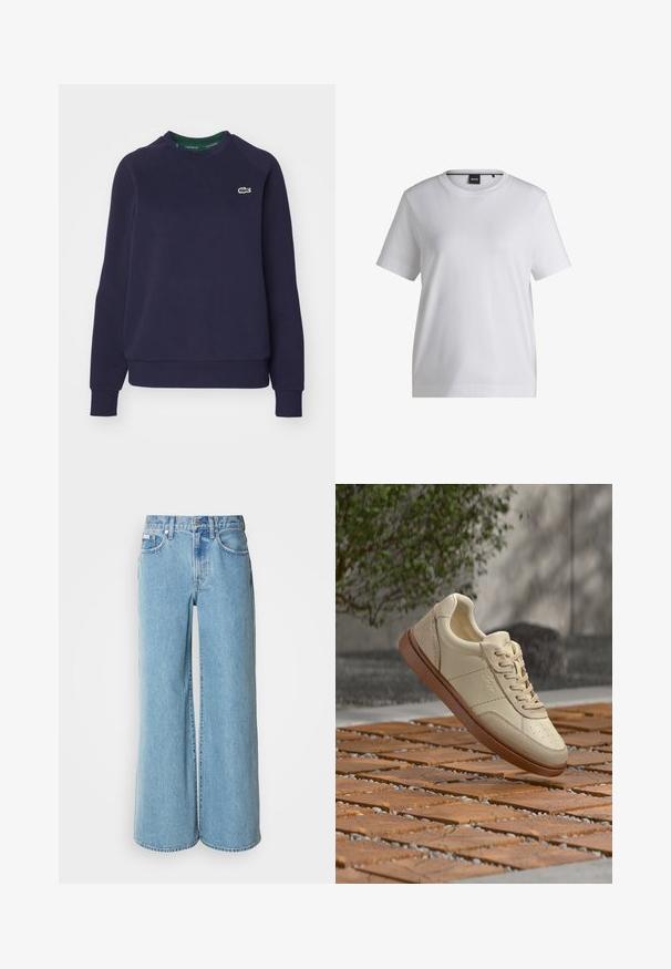 Navyblauwe sweatshirt van katoen, met een ronde hals, geribbelde manchetten en een klein groen Lacoste-logo op de borst.; Witte katoenen t-shirt met een ronde halslijn, korte mouwen en een ontspannen pasvorm. Heeft een klein merketiket nabij de kraag.; Lichtblauwe wijde jeans van denim, met een hoge taille, vijf pockets en subtiele vervaging langs de stof.; Beige leren sneaker met bruine zool zwevend boven een betegeld buitenterrein met verspreide kleine steentjes en groene bladeren op de achtergrond.