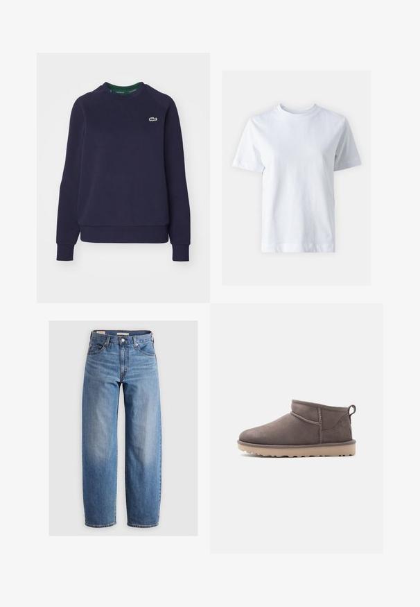 Navyblauwe sweatshirt van katoen, met een ronde hals, geribbelde manchetten en een klein groen Lacoste-logo op de borst.; Witte katoen t-shirt met een ronde hals, korte mouwen, een rechte snit en een gladde textuur. Geen patronen of versieringen.; Lichtblauwe rechte spijkerbroek van denim. Bevat een klassiek vijf-pocket ontwerp en subtiele vervaging langs de benen.; Lage, bruin suède instapschoen met een textuurrijke zool en trekkoord op een effen achtergrond.