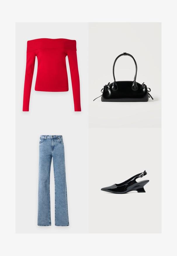 Červený longsleeve top s odhalenými ramenami vyrobený z rebrovanej látky. Obliehaná silueta s širokým golierom a jemnou textúrou.; Noisy May Straight fit NMYOLANDA - Široké nohavice - medium blue denim; Čierna lakovaná slingback topánka so špicatou špičkou a nízkym šikmým blokovým opätkom na jednoduchom svetlom pozadí.; Malá čierna lesklá kabelka s dvoma dlhými rúčkami a bočnými šnúrkovými detailmi na jednoduchom svetlom pozadí.