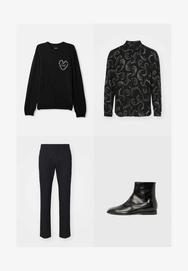 Pull noir avec un col rond, des manches longues, et un motif de cœur brodé blanc accentué de fil de fer barbelé et du mot "AMOUR".; Chemise noire à boutons avec des motifs en paisley blancs tourbillonnants, manches longues et col classique, fabriquée en tissu léger.; Pantalon bleu marine avec une coupe ajustée, fabriqué en tissu lisse. Il présente un devant plat, des passants de ceinture et des jambes droites avec un ourlet soigné.; Bottine noire à la cheville avec une finition en cuir lisse et brillante. Bout pointu, talon bas empilé, design minimaliste et détail de logo embossé sur le côté.