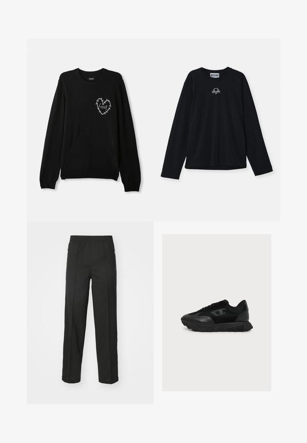 Pull noir avec un col rond, des manches longues, et un motif de cœur brodé blanc accentué de fil de fer barbelé et du mot "AMOUR".; T-shirt noir en coton à manches longues avec un col rond et un petit logo graphique sur la poitrine, avec une coupe décontractée et droite.; Pantalons noirs en tissu extensible, à coupe droite, avec poches zippées sur les côtés et texture lisse sans motifs visibles.; Baskets basses noires avec détails en mesh et cuir, semelle épaisse et logo discret sur le côté, présentées de profil sur fond blanc.