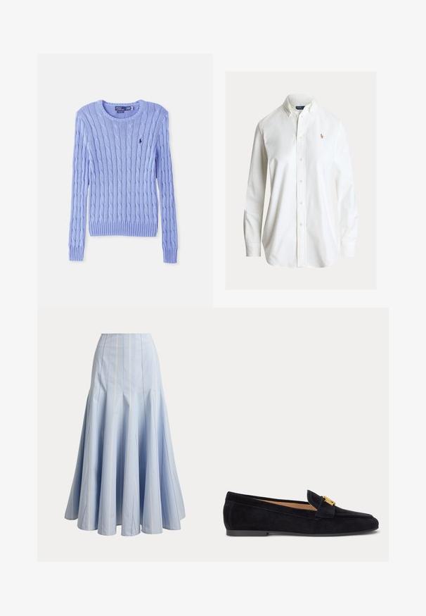 Lysblå strikket sweater med kabelmønster, ribbede ærmer og kant. Har et lille logo på brystet. Klassisk rund halsudskæring.; Hvid skjorte med lange ærmer med knapper og knaplukket krave samt lille broderet polo-spiller logo på venstre bryst.; Lyseblå lang nederdel med lodrette hvide nålestriber og udvidede paneldetaljer, vist på en ensfarvet baggrund.; Sort ruskind flad loafer med lav hæl og gulddetaljeret spænde på oversiden, sidevisning på ensartet lys baggrund.