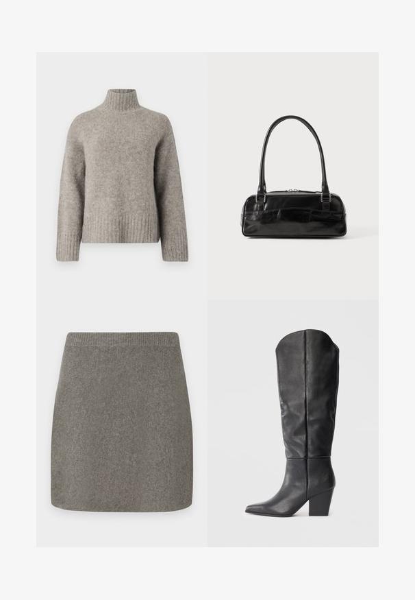 Hellgrauer Rollkragensweater aus weichem, strukturiertem Stoff. Verfügt über gerippte Bündchen und Saum, mit lockerer Passform und minimalistischem Design.; Grauer gestrickter Minirock mit einem gerippten Bund, glatter Textur und gerade geschnitten, entworfen für eine figurbetonte Silhouette.; Schwarze kniehohe Stiefel aus Leder mit spitzem Zeh und blockigem Absatz. Das Design zeichnet sich durch eine glatte Textur und minimalistische Linien aus.; Schwarze Lederhandtasche in rechteckiger Form, mit einem stabilen Griff, silbernem Zubehör und Reißverschluss. Glatte Textur.