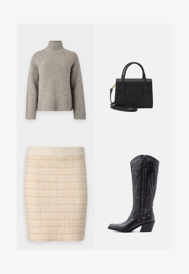 Hellgrauer Rollkragensweater aus weichem, strukturiertem Stoff. Verfügt über gerippte Bündchen und Saum, mit lockerer Passform und minimalistischem Design.; Beige Strick-Minirock mit einem strukturierten Karomuster, ausgestattet mit einem einfarbigen, cremefarbenen Bund. Mid-Thigh-Länge, weicher Stoff.; Schwarze Cowboy-Stiefel aus Leder mit spitzer Zehenpartie, sichtbarer Nahtführung, silbernen Nietenakzenten und Reißverschluss auf der Innenseite.; Schwarze strukturierte Handtasche aus Leder mit einem oberen Tragegriff, abnehmbarem Schulterriemen und einer Klappe auf der Vorderseite. Akzente in Goldmetall.