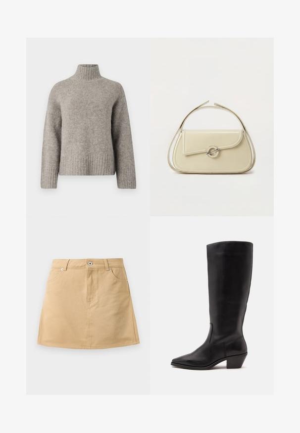 Helehall turtleneck-sviiter, mis on valmistatud pehmest ja tekstureeritud kangast. Omab ribakäiseid ja -ääri, lahedat istuvust ning minimalistlikku disaini.; Beež denim mini seelik esipocketite, vööloopsude ja metallnööpkinnipeetega valge tausta peal.; Must nahktõmmiku keskmise säärega saabas, millel on terav nina ja madal kaldu konts heledal ühevärvilisel taustal.; Kreemikas nahast käekott kaarekujulise klapiga, ümmarguse hõbedase klambriga ja lühikese ülemise sangaga tavalise valge tausta peal.