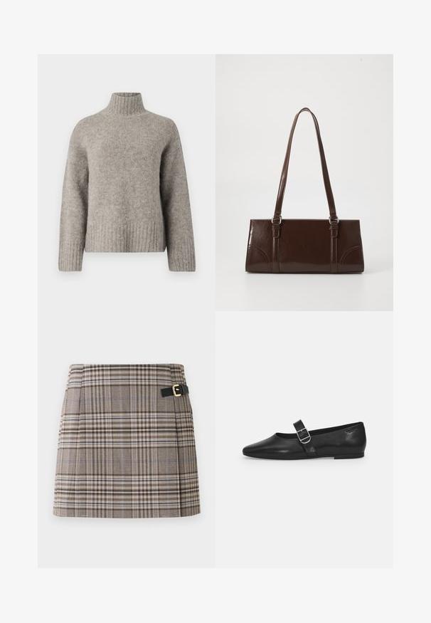 Hellgrauer Rollkragensweater aus weichem, strukturiertem Stoff. Verfügt über gerippte Bündchen und Saum, mit lockerer Passform und minimalistischem Design.; Karierte Minirock in Braun, Beige und Blau mit einer Schnalle an einem schwarzen Gürtel. Strukturierter Stoff mit Falten entlang der Vorderseite.; Schwarzer Lederflatschuh mit runder Zehenform, einem verstellbaren Schnallenriemen und einer glatten, glänzenden Oberfläche. Minimalistisches Design mit einem niedrigen Absatz.; Braune Lackleder-Handtasche in rechteckiger Form, mit zwei langen Griffen und subtilen, geschwungenen Akzenten auf der Vorderseite.