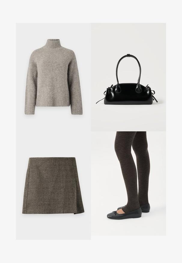 Lys grå turtleneck sweater lavet af blødt, struktureret stof. Har ribbede manchetter og kant, med en afslappet pasform og minimalistisk design.; Brun og grå plaid mini nederdel med subtilt sidesnit, lige snit og tekstureret stof.; Ben iført mørke ribbede leggings kombineret med sorte balletsko med små sløjfedetaljer på hvid baggrund.; Lille sort blank håndtaske med to lange håndtag og snøre-detaljer i siden på en ensfarvet lys baggrund.