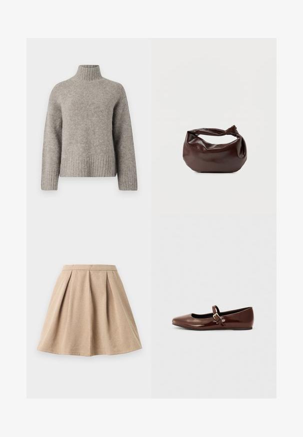 Helehall turtleneck-sviiter, mis on valmistatud pehmest ja tekstureeritud kangast. Omab ribakäiseid ja -ääri, lahedat istuvust ning minimalistlikku disaini.; Kreemikas pleeditud seelik, mis on valmistatud tekstuurilisest kangast, omades sobivat vöökohta ja laienevat disaini, mis ulatub keskmise reieni.; Pruun patendiga nahast pallisaapad ruudukujulise varbaga ja rihmaga, millel on väike kuldne pandla. Sile tekstuur, madal konts ja minimalistlik disain.; Tumepruunast nahast õlakott, pehme ja lõdva vormiga, keeratud sõlme tüüpi sangaga, valgel ühevärvilisel taustal.