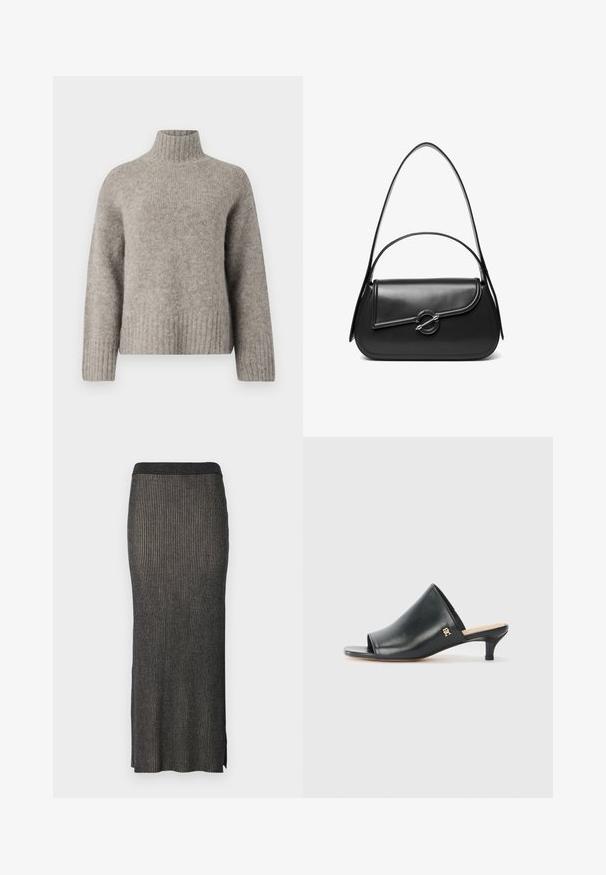 Hellgrauer Rollkragensweater aus weichem, strukturiertem Stoff. Verfügt über gerippte Bündchen und Saum, mit lockerer Passform und minimalistischem Design.; Strick-Midirock in Dunkelgrau mit vertikaler Rippstruktur, eng anliegender Silhouette und Schlitzen am Saum für Bewegungsfreiheit. Weicher, strukturierter Stoff.; Schwarze Leder-Pantoletten mit offenen Zehen und niedrigem Absatz. Sie verfügen über eine glatte Oberfläche und ein goldenes Logo-Detail an der Seite.; Schwarze Lederschultertasche mit einer geschwungenen Klappe, die durch einen runden Metallverschluss gesichert ist, und einem schlanken, verstellbaren Riemen.