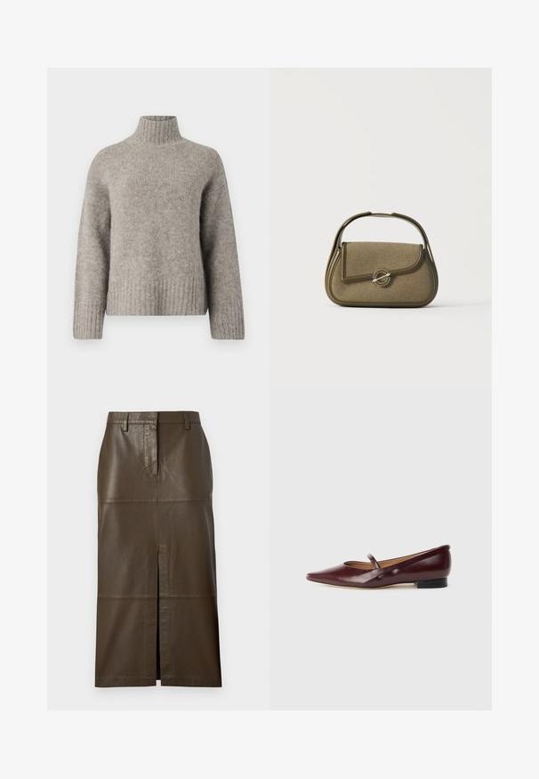 Hellgrauer Rollkragensweater aus weichem, strukturiertem Stoff. Verfügt über gerippte Bündchen und Saum, mit lockerer Passform und minimalistischem Design.; Brauner Midirock aus Leder mit vorderem Schlitz, Gürtelschlaufen, geteiltem Design und glatter Textur. Geeignet für verschiedene Stile.; Burgunderfarbene Lackleder-Ballerina mit spitzer Zehe und einem dekorativen Riemen über dem Spann. Mit einem niedrigen schwarzen Absatz.; Kleine olivgrüne Handtasche mit abgerundeten Kanten, einem oberen Griff und einer Klappe, die durch einen runden Metallverschluss gesichert ist.
