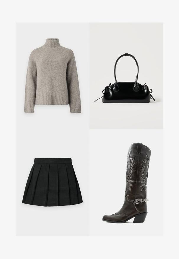 Helehall turtleneck-sviiter, mis on valmistatud pehmest ja tekstureeritud kangast. Omab ribakäiseid ja -ääri, lahedat istuvust ning minimalistlikku disaini.; Mustmustritsistmust mustmust desmust riitē mustlahuseestatud. Mustmust ende mustmust elmustkizmust ja peen mustplaidmust mustlemust. Lühike mustpikkus mustkihtmust mustmustmustriitmust.; Mustast nahast kameelisaap kaunistavate lõigetega, hõbedase pandla ja kaldu kannaosaga, valgel taustal.; Väike must läikiv käekott kahe pika sangaga ja külgedel paelakinnitustega, ühel lihtsal helel taustal.