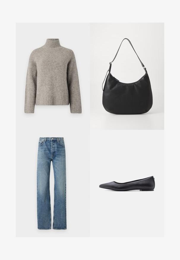 Hellgrauer Rollkragensweater aus weichem, strukturiertem Stoff. Verfügt über gerippte Bündchen und Saum, mit lockerer Passform und minimalistischem Design.; Helle blaue, hochgeschnittene Jeans mit geradem Bein, aus Denim-Stoff gefertigt. Verfügt über den klassischen Fünf-Taschen-Stil und silberne Beschläge.; Schwarzer flacher Lederschuh mit spitzer Kappe und niedrigem Absatz, seitlich vor weißem Hintergrund gezeigt.; Schwarze Hobo-Tasche aus glattem, strapazierfähigem Material. Verfügt über einen einzelnen verstellbaren Tragegurt und ein dezentes, eingeprägtes Logo auf der Vorderseite.