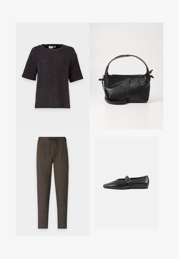 Pull court noir à rayures, à manches courtes, avec un col rond, en tissu texturé et des accents discrets de fils métalliques intégrés.; Pantalons en marron foncé, texturés, avec une taille à cordon de serrage, des poches latérales et des jambes fuselées, fabriqués à partir d'un matériau doux.; Chaussure plate en cuir noir avec un orteil pointu, présentant une sangle à boucle métallique sur le cou-de-pied et une semelle basse et flexible.; Sac à main en cuir noir au design structuré, avec une poignée arrondie et une bandoulière amovible. Présente une texture lisse et un éclat subtil.