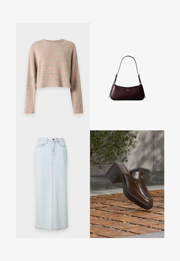Let t, cropped sweater i multicolor strik med rund halsudskæring og lange ærmer. Blød tekstur med subtil mønstring over det hele.; Lyseblå denim maxi-nederdel med lige design, frontknaplukning og synlige syninger. Har to frontlommer.; Brun læder Calvin Klein hæl mule svævende over trægulv med en sløret grøn plante og væg baggrund.; Mørk bordeaux læderhåndtaske med en tynd sort skulderrem og lille gyldent "cK" logo foran i midten.