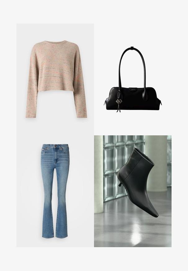 Let t, cropped sweater i multicolor strik med rund halsudskæring og lange ærmer. Blød tekstur med subtil mønstring over det hele.; Lyseblå, flagrende jeans lavet af denim, med høj talje, falmet vask og synlige stikninger, samt brune metaldele.; Sort læderankelstøvle med spids tå og lav kitten-hæ, vist vinklet mod en poleret gulv- og glasblokvæg.; Sort lædertaske fra Calvin Klein med lange håndtag, en forside-logo-tag og en sølv geometrisk vedhæng, der hænger fra det ene håndtag.