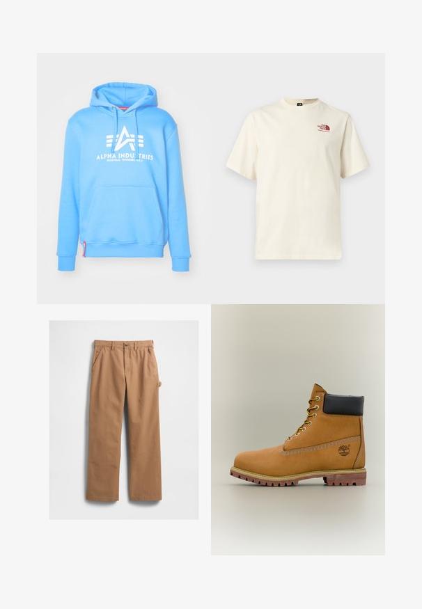 Lichtblauwe hoodie van zachte stof met een groot wit logo, een kangoeroezak en ribgebreide manchetten en zoom.; Korte mouwen off-white T-shirt met bordeauxkleurig 'The North Face' logo op de linkerborst, ronde hals, eenvoudig ontwerp.; Beige katoenen broek met rechte pijpen, uitgevoerd met zijzakken en een zijvak voor gereedschap. De stof heeft een gladde en stevige textuur.; Bruine leren enkellaars met zwarte kraag, gele veters en een zandkleurige zool. Voorzien van een logo en witte stikseldetails. Robuuste loopzool met grip.