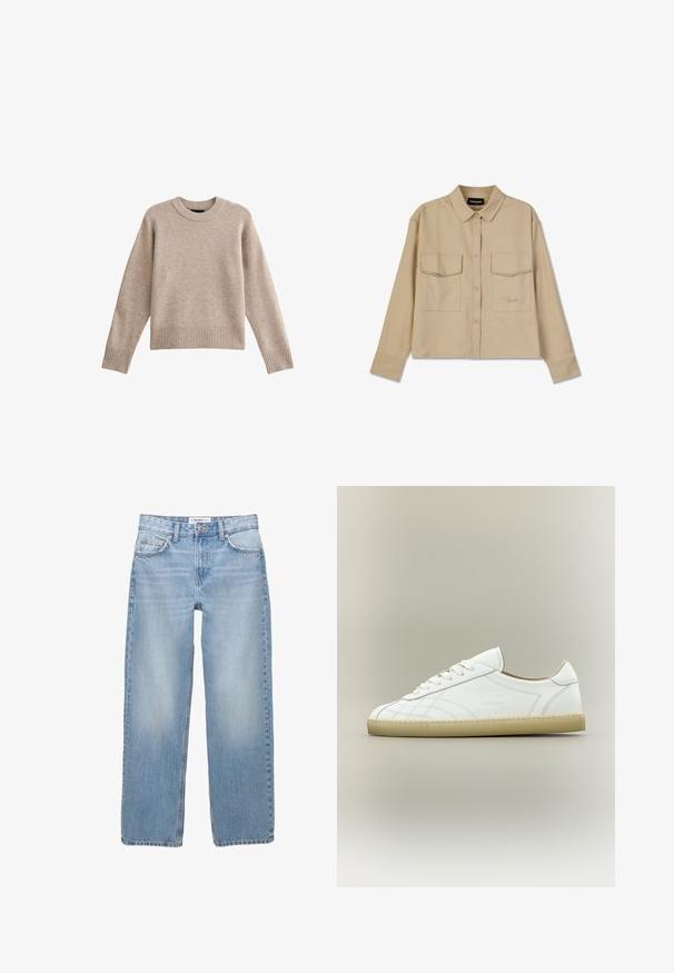 Pull en tricot beige avec un col rond, des poignets et un ourlet côtelés. La texture du tissu est douce avec un motif subtil. Conception à coupe décontractée.; Chemise beige à manches longues en tissu doux, dotée d'une fermeture à boutons, de deux poches poitrine et d'un ourlet droit. Broderie discrète du logo à l'avant.; Jean en denim bleu clair avec une coupe droite, style cinq poches et des détails de couture visibles. Le tissu a une texture douce et légèrement décolorée.; Baskets basses en cuir blanc avec semelle beige, lacets et motifs cousus subtils sur fond neutre.