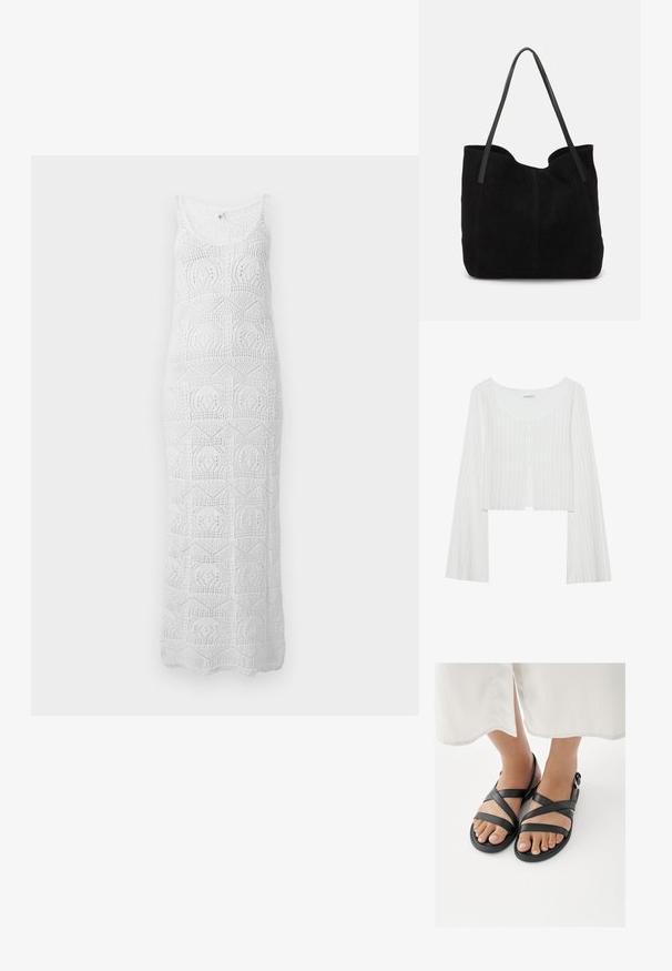 Biely rebrovaný crop top s okrúhlym výstrihom, dlhými rukávmi a radom gombíkov. Má jemnú textúru a predné rozparky.; Biele maxi šaty bez rukávov z háčkovania s okrúhlym výstrihom a geometrickými vzormi čipky po celej ploche.; Nohy v čiernych sandáloch s remienkami a prackami na členkoch, v kombinácii s bielym odevom končiacim nad členkami na bielom pozadí.; Čierna semišová taška cez rameno s dvomi dlhými, plochými koženými popruhmi. Obsahuje zakrivený horný okraj a viditeľné stehy po prednej strane. Bez kovových akcentov.