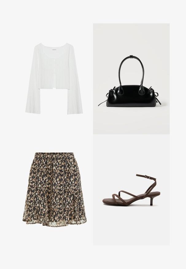 Biely rebrovaný crop top s okrúhlym výstrihom, dlhými rukávmi a radom gombíkov. Má jemnú textúru a predné rozparky.; Čierna sukňa s béžovými a svetlosivými nepravidelnými škvrnami, elastickým pásom a splývavým, mierne rozšíreným lemom.; Hnedá sandála na vysokom opätku s tenkými prekríženými remienkami a remienkom na členok so striebornou prackou na bielom pozadí.; Malá čierna lesklá kabelka s dvoma dlhými rúčkami a bočnými šnúrkovými detailmi na jednoduchom svetlom pozadí.