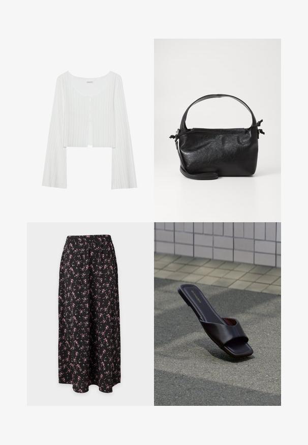Hvid, ribbet, cropped top med rund halsudskæring, lange ærmer og knaplukning. Har en let struktur og en front slids detalje.; Sort lang nederdel med små pink og hvide blomsterprint og elastisk talje mod ensfarvet baggrund.; Mørkebrun sandal med åben tå, firkantet tå og bred rem, hvilende på grå asfalt nær flisebelagt fortov.; Sort læderhåndtaske med et struktureret design, rund tophåndtag og aftagelig skulderrem. Den har en glat tekstur og en subtil glans.