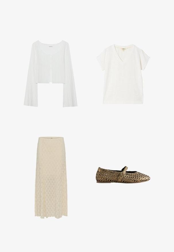 Top corto blanco con textura acanalada, cuello redondo, mangas largas y botonera. Presenta una ligera textura y un detalle de abertura frontal.; Camiseta blanca de algodón con cuello en V y mangas cortas, de corte holgado y con un pequeño detalle de botón en el hombro izquierdo.; Falda larga de color crema con tela de encaje texturizada y silueta recta, con un dobladillo ligeramente desigual.; Zapato plano tejido de bronce metálico con punta redondeada y una correa ajustable con hebilla circular.