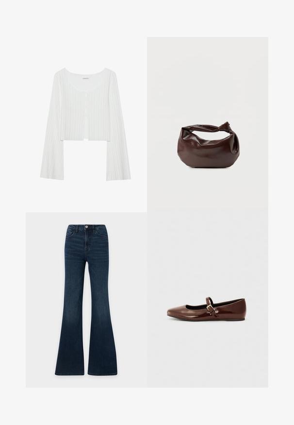 Biely rebrovaný crop top s okrúhlym výstrihom, dlhými rukávmi a radom gombíkov. Má jemnú textúru a predné rozparky.; Tmavomodré rifle s vysokým pásom, rozšírené nohavice, predné zapínanie na gombík a zips, predné a zadné vrecká.; Hnedé lakované baletky s hranatou špičkou a pásikom s malou zlatou prackou. Hladká textúra, nízky podpätok a minimalistický dizajn.; Tmavohnedá kožená kabelka cez rameno s mäkkým, voľným tvarom a držadlom v podobe skrúteného uzla na jednoduchom bielom pozadí.
