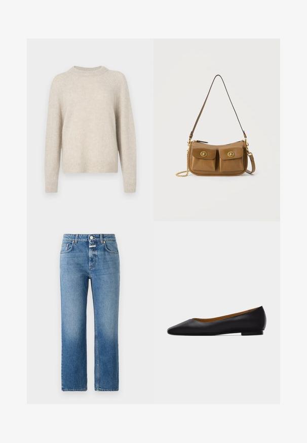 Beige gebreide trui met een ronde hals, raglanmouwen en geribbelde zoom. Zacht van textuur met een iets losse pasvorm en een minimaal patroon.; CLOSED MILO - Straight leg jeans - mid blue; Zwarte leren puntschoen met lage hak en gladde afwerking, zijaanzicht op een lichtgrijze achtergrond.; Bruine leren schoudertas met twee voorzakken met klep, voorzien van gouden draaivergrendelingen en een gouden kettingdetail aan één zijde.