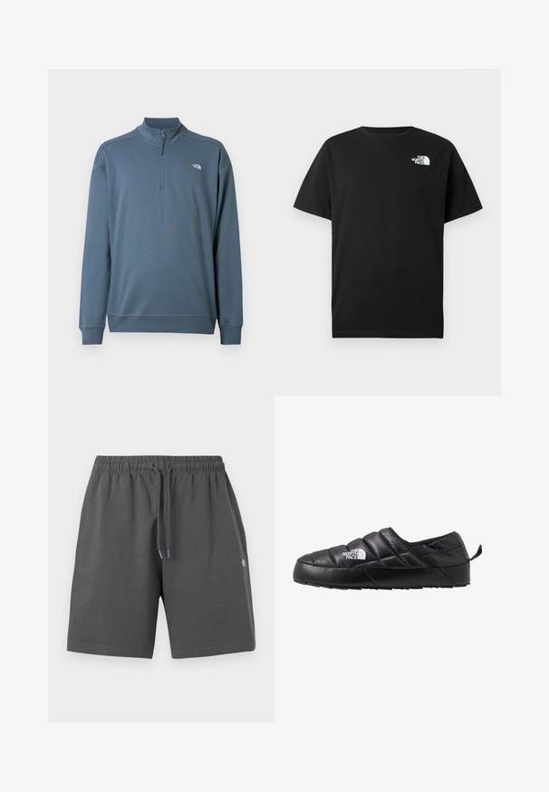 Pull bleu à manches longues avec fermeture éclair jusqu'au quart, col montant et petit logo blanc The North Face sur le côté gauche de la poitrine.; T-shirt en coton noir à manches courtes, col rond, avec un logo blanc sur le côté gauche de la poitrine. Design simple et épuré.; Shorts gris en tissu doux avec une ceinture élastique et un cordon de serrage ajustable. Présentent un design simple sans poches ni motifs.; Chaussure noire à enfiler avec un design matelassé, fabriquée en matériau rembourré. Elle présente une semelle en caoutchouc texturée et une petite languette à l'arrière.