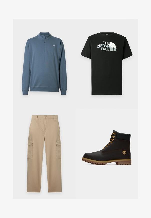 Pull bleu à manches longues avec fermeture éclair jusqu'au quart, col montant et petit logo blanc The North Face sur le côté gauche de la poitrine.; T-shirt noir en coton avec un logo imprimé en blanc et gris, manches courtes et col rond.; Pantalon cargo beige à jambes droites avec fermeture à boutons, passants pour ceinture, poches avant et poches à rabat sur les deux cuisses.; Bottine noire en cuir avec œillets dorés, accents marron et semelle en caoutchouc. Comprend un col rembourré et un logo estampé sur le côté.