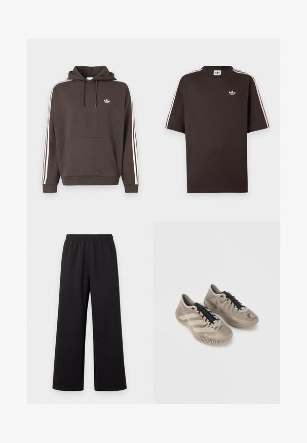 Καφέ φούτερ με κουκούλα, λευκό λογότυπο Adidas στο στήθος, λευκές τρεις ρίγες κατά μήκος των μανικιών, μπροστινή τσέπη τύπου καγκουρό και κουκούλα με κορδόνια.; Καφέ βαμβακερό t-shirt με κοντά μανίκια, που διαθέτει λευκές ρίγες στους ώμους και ένα μικρό λευκό λογότυπο στο στήθος.; Μαύρο παντελόνι με φαρδύ πόδι, με ελαστική μέση και διακριτικό μικρό λογότυπο στο επάνω αριστερό μηρό, παρουσιάζεται σε απλό λευκό φόντο.; Ζευγάρι μπεζ αθλητικά παπούτσια με μαύρα κορδόνια, διαθέτοντας υφή με ριγέ μοτίβο και τρεις πλαϊνές γραμμές σε απλό φόντο.