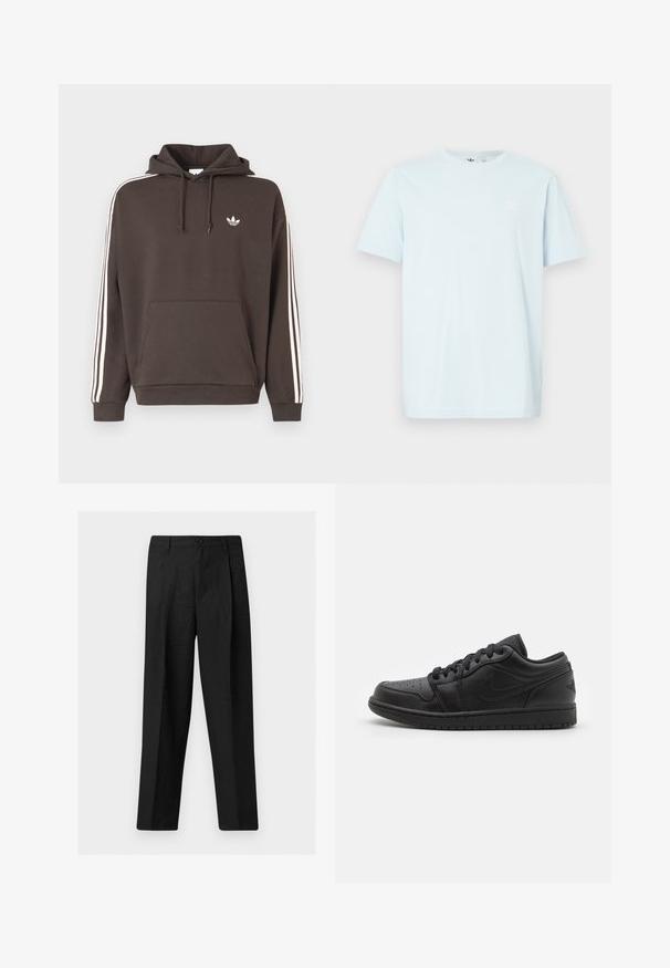 Brun hættetrøje med hvid Adidas-logo på brystet, hvide tre-striber langs ærmerne, kangurulomme foran og snørelukning i hætten.; Lyseblå bomuldst-shirt med korte ærmer, rund halsudskæring og en lille hvid logo på øverste venstre side af brystet. Blød tekstur, afslappet pasform.; Sorte bukser med lige ben, frontknapper og bæltestropper, vist på en ensfarvet lys baggrund.; Sorte læder lavtop sneakers med perforeret tå, flade snørebånd, polstret krave og struktureret sål. Har et diskret logo på hælen.