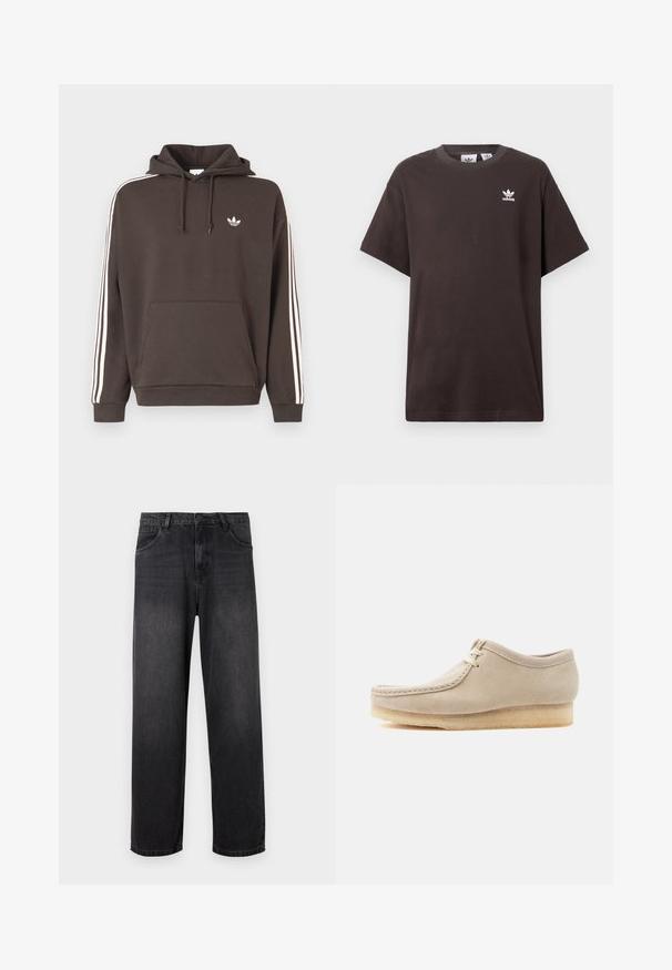 Brun hættetrøje med hvid Adidas-logo på brystet, hvide tre-striber langs ærmerne, kangurulomme foran og snørelukning i hætten.; Mørkebrun bomulds t-shirt med korte ærmer, rund hals og hvid Adidas-logo på venstre bryst. Enkel, afslappet pasform.; Mørkegrå denim jeans med lige ben, der har lynlås i gylpen, fem lommer og diskrete falmende detaljer på stoffet.; Beige ruskind snørestøvle med crepesål, mokasinstil syning og lav ankeludformning isoleret på en lys baggrund.