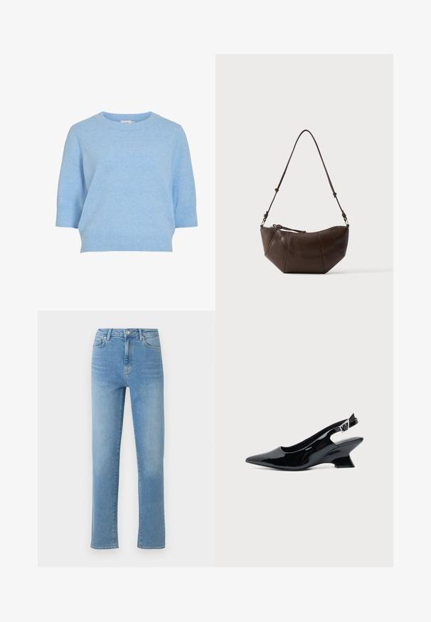 Un pull tricoté bleu clair avec un col rond, des manches courtes et un ourlet côtelé. Texture douce et coupe décontractée.; Jean en denim bleu clair avec une coupe droite, design à cinq poches et finition délavée. Dispose d'un bouton en métal et d'une fermeture éclair à la taille.; Chaussure slingback en cuir verni noir avec bout pointu et petit talon bloc incliné sur fond clair uni.; Sac à bandoulière en cuir marron avec un fond incurvé et une sangle réglable sur un fond clair uni.
