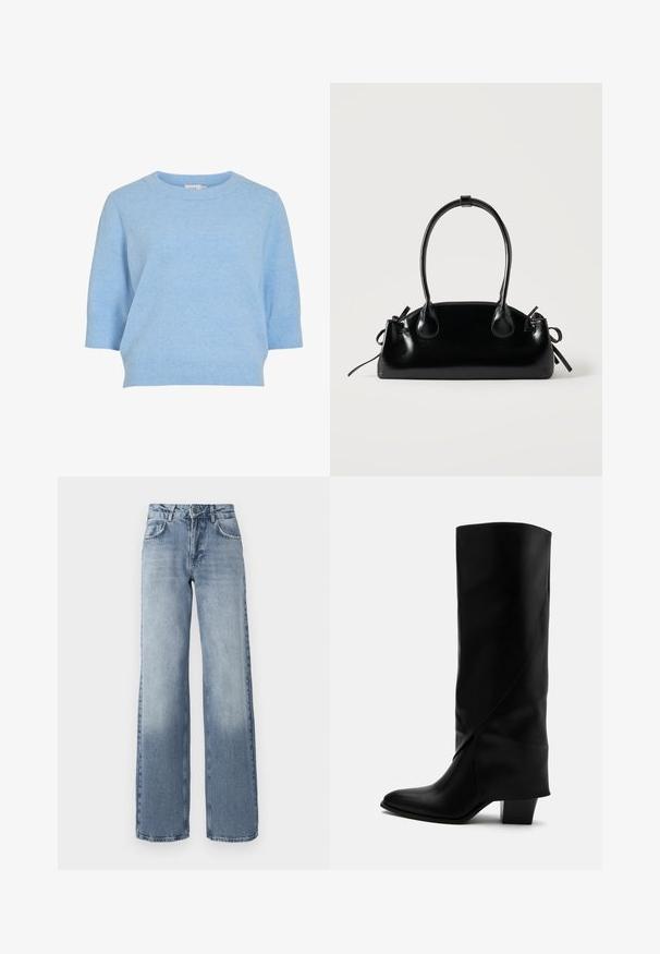 Un pull tricoté bleu clair avec un col rond, des manches courtes et un ourlet côtelé. Texture douce et coupe décontractée.; Jean en denim bleu à jambes larges avec un délavage clair, fermeture éclair, design à cinq poches et un léger décoloration près des chevilles.; Botte haute en cuir noir avec couture inclinée, bout pointu et talon épais de taille moyenne sur fond blanc.; Petit sac à main noir brillant avec deux longues anses et des détails à cordon sur les côtés sur un fond clair uni.