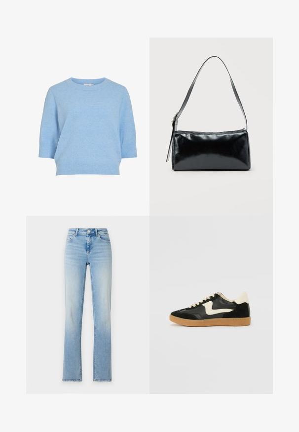 Lichtblauwe gebreide trui met een ronde halslijn, korte mouwen en een geribde zoom. Zachte textuur en een relaxte pasvorm.; Lichtblauwe denim jeans met een hoge taille, rechte pijpen en subtiele vervaging. Voorzien van vijf zakken en riemlussen.; Zwarte suède en leren sneaker met een crèmekleurige zij-swoosh en lichte crèmekleurige hiel. Voorzien van beige veters en een gumrubberen zool.; Zwarte rechthoekige schoudertas met een enkele verstelbare band en een bovenste ritssluiting op een effen achtergrond.