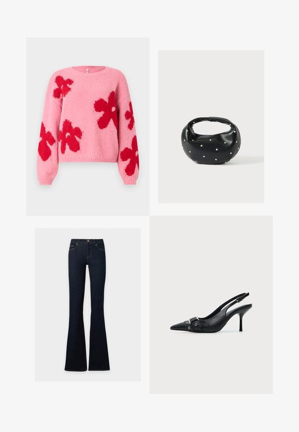 Pull en tricot rose avec de grands motifs floraux rouges sur le devant et les manches, présentant un col rond et des poignets et un ourlet côtelés.; Jean en denim bleu foncé à taille haute, ajusté sur les hanches et les cuisses, évasé en bas.; Escarpin slingback à talon haut en cuir noir avec bout pointu, boucle et détail de bride œillet à l'avant.; Sac à main en cuir noir de forme arrondie, décoré de clous argentés et équipé d'une poignée courte. Texture lisse et fermeture éclair.