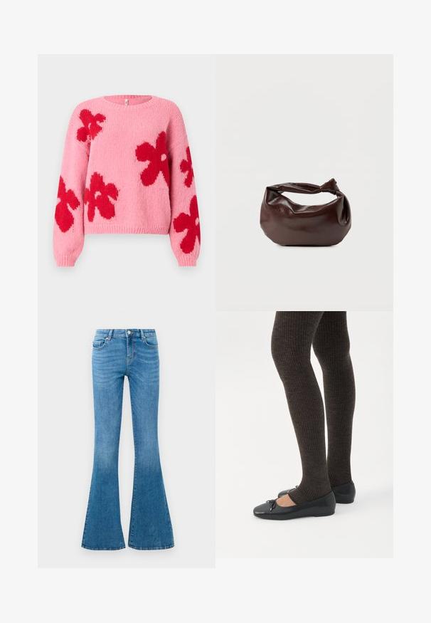 Pull en tricot rose avec de grands motifs floraux rouges sur le devant et les manches, présentant un col rond et des poignets et un ourlet côtelés.; Jean flare en denim bleu avec une taille mi-haute, comportant cinq poches, un bouton standard et un léger délavage pour la texture.; Jambes portant des leggings côtelés foncés associés à des ballerines noires avec de petits détails en nœud sur fond blanc.; Sac bandoulière en cuir marron foncé avec une forme souple et décontractée et une anse nouée torsadée sur un fond blanc uni.