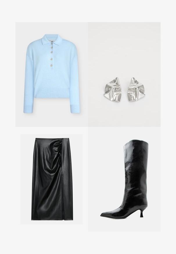 Pull tricoté bleu clair coupé court avec un col plat et une fermeture à cinq boutons. Comprend des manches longues et une texture côtelée à l'ourlet.; Jupe en cuir noir avec une texture lisse, présentant une section froncée sur un côté et une fente sur le côté pour un détail supplémentaire.; Botte en cuir noire brillante, haute jusqu'au genou, avec bout pointu et talon bas courbé sur un fond clair uni.; Boucles d'oreilles en métal argenté avec un design ondulé et sculptural, présentant une finition polie et des formes irrégulières, mettant en valeur une esthétique contemporaine.