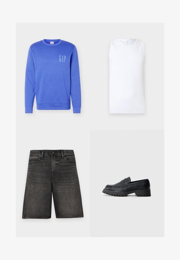 Sweat-shirt bleu à manches longues avec col rond et logo « GAP » blanc sur le côté gauche de la poitrine, poignets et bas-côtes côtelés, fond uni.; Débardeur blanc sans manches en tissu côtelé avec encolure ronde sur fond clair uni.; Shorts noirs en denim arrivant au genou, avec bouton à l'avant, fermeture éclair, passants pour ceinture et poches avant.; Mocassins en cuir noir avec un bout arrondi, présentant une sangle décorative et une semelle en caoutchouc épaisse avec de profonds crampons pour une meilleure adhérence.