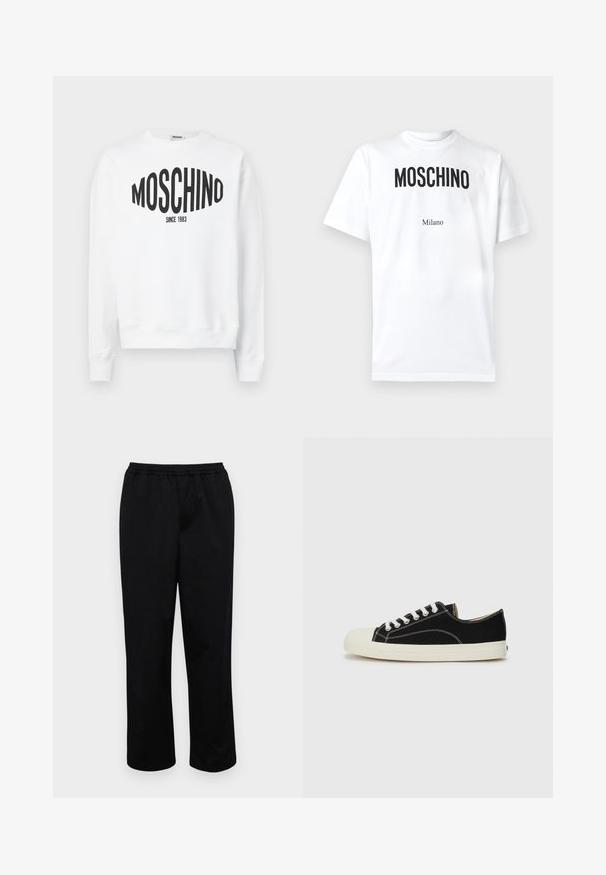 Λευκή φούτερ μπλούζα με μαύρο λογότυπο "Moschino" και το κείμενο "SINCE 1983", μακριά μανίκια και στρογγυλή λαιμόκοψη. Μαλακό βαμβακερό υλικό.; Λευκό βαμβακερό t-shirt με έντονη μαύρη επιγραφή "MOSCHINO" και μικρότερη «Milano» από κάτω. Κοντά μανίκια και κλασικός σχεδιασμός με στρογγυλή λαιμόκοψη.; Μαύρο,παντελόνι μέσου μήκους με ελαστική μέση. Φτιαγμένο από λείο ύφασμα, διαθέτει άνετη εφαρμογή και χωρίς ορατές τσέπες ή διακοσμητικά στοιχεία.; Μαύρα καμβά sneakers με λευκές ραφές, στρογγυλή προστασία από καουτσούκ στην μύτη και λευκές κορδόνες. Περιέχει υφασμάτινο επάνω μέρος με υφή και μπεζ σόλα.