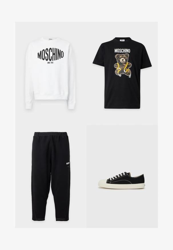 Λευκή φούτερ μπλούζα με μαύρο λογότυπο "Moschino" και το κείμενο "SINCE 1983", μακριά μανίκια και στρογγυλή λαιμόκοψη. Μαλακό βαμβακερό υλικό.; Μαύρο μπλουζάκι Moschino με γραφικό αρκουδάκι τυλιγμένο με κίτρινη μεζούρα και το όνομα της μάρκας τυπωμένο από πάνω.; Μαύρη στενή φόρμα με ελαστική μέση, λευκή αντίθετη ραφή και μικρό λευκό λογότυπο "Moschino" στον πάνω μηρό.; Μαύρα καμβά sneakers με λευκές ραφές, στρογγυλή προστασία από καουτσούκ στην μύτη και λευκές κορδόνες. Περιέχει υφασμάτινο επάνω μέρος με υφή και μπεζ σόλα.