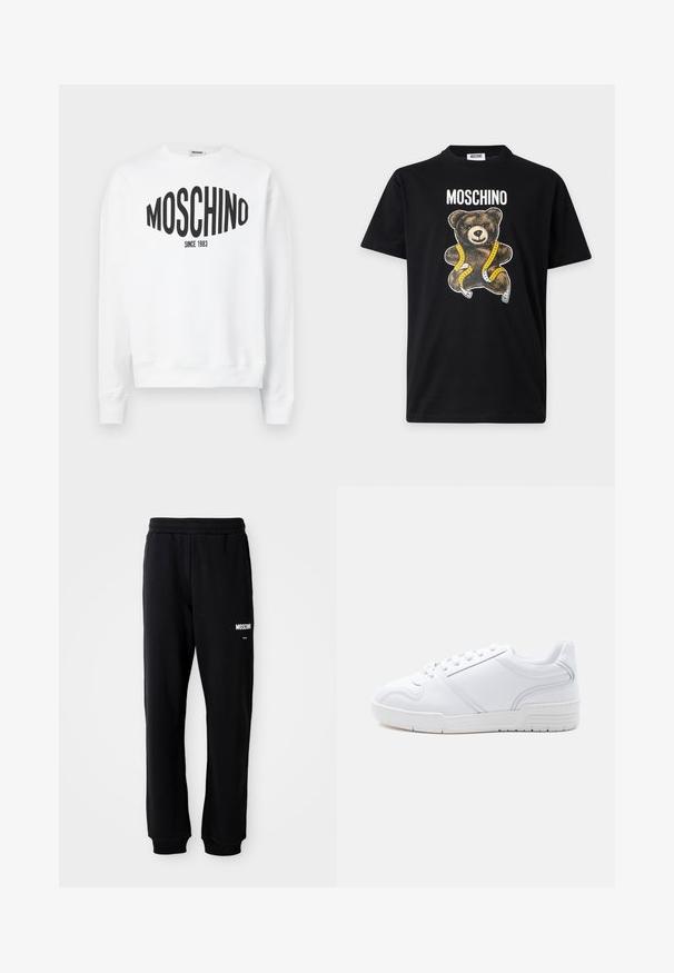 Λευκή φούτερ μπλούζα με μαύρο λογότυπο "Moschino" και το κείμενο "SINCE 1983", μακριά μανίκια και στρογγυλή λαιμόκοψη. Μαλακό βαμβακερό υλικό.; Μαύρο μπλουζάκι Moschino με γραφικό αρκουδάκι τυλιγμένο με κίτρινη μεζούρα και το όνομα της μάρκας τυπωμένο από πάνω.; Μαύρες φόρμες με χαλαρή εφαρμογή, φτιαγμένες από μαλακό ύφασμα. Διαθέτουν ελαστική μέση και λευκό λογότυπο "Moschino" στο αριστερό μπουμπούκι.; Λευκό sneaker χαμηλής κοπής με σχέδιο κορδονιών, λείο συνθετικό επάνω μέρος και μοτίβο από καουτσούκ στη σόλα, σε απλό φωτεινό φόντο.