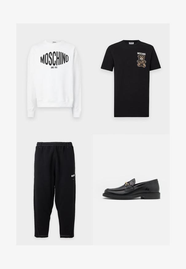 Λευκή φούτερ μπλούζα με μαύρο λογότυπο "Moschino" και το κείμενο "SINCE 1983", μακριά μανίκια και στρογγυλή λαιμόκοψη. Μαλακό βαμβακερό υλικό.; Μαύρο βαμβακερό μπλουζάκι με σχέδιο καρτούν αρκούδας στο αριστερό στήθος και το κείμενο «MOSCHINO» από πάνω. Σχεδίαση με στάνταρ στρογγυλή λαιμόκοψη.; Μαύρη στενή φόρμα με ελαστική μέση, λευκή αντίθετη ραφή και μικρό λευκό λογότυπο "Moschino" στον πάνω μηρό.; Μαύρες δερμάτινες loafers με στρογγυλή μύτη, διακοσμημένες με χρυσά αξεσουάρ και λεπτομέρειες ραφής, τοποθετημένες σε χαμηλή, υφασμάτινη ελαστική σόλα.