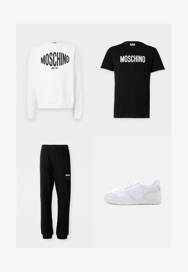 Λευκή φούτερ μπλούζα με μαύρο λογότυπο "Moschino" και το κείμενο "SINCE 1983", μακριά μανίκια και στρογγυλή λαιμόκοψη. Μαλακό βαμβακερό υλικό.; Μαύρο κοντομάνικο μπλουζάκι με λευκό λογότυπο MOSCHINO στο κέντρο του στήθους και στρογγυλή λαιμόκοψη.; Μαύρες φόρμες με χαλαρή εφαρμογή, φτιαγμένες από μαλακό ύφασμα. Διαθέτουν ελαστική μέση και λευκό λογότυπο "Moschino" στο αριστερό μπουμπούκι.; Λευκό sneaker χαμηλής κοπής με σχέδιο κορδονιών, λείο συνθετικό επάνω μέρος και μοτίβο από καουτσούκ στη σόλα, σε απλό φωτεινό φόντο.