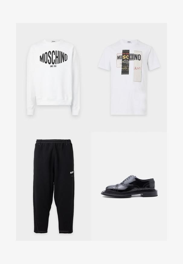 Λευκή φούτερ μπλούζα με μαύρο λογότυπο "Moschino" και το κείμενο "SINCE 1983", μακριά μανίκια και στρογγυλή λαιμόκοψη. Μαλακό βαμβακερό υλικό.; Λευκό κοντομάνικο μπλουζάκι με τρία κάθετα σχέδια πατσών που απεικονίζουν τεμαχισμένο κείμενο, συμπεριλαμβανομένου του "MOSCHINO" σε μαύρα, κίτρινα και κόκκινα γράμματα.; Μαύρη στενή φόρμα με ελαστική μέση, λευκή αντίθετη ραφή και μικρό λευκό λογότυπο "Moschino" στον πάνω μηρό.; Μαύρο γυαλισμένο δερμάτινο παπούτσι τύπου brogue με τρυπήματα wingtip και στιβαρό τακούνι, εμφανίζεται σε πλάγια όψη σε λευκό φόντο.