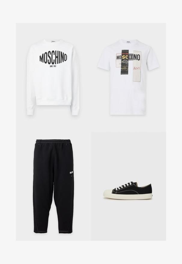 Λευκή φούτερ μπλούζα με μαύρο λογότυπο "Moschino" και το κείμενο "SINCE 1983", μακριά μανίκια και στρογγυλή λαιμόκοψη. Μαλακό βαμβακερό υλικό.; Λευκό κοντομάνικο μπλουζάκι με τρία κάθετα σχέδια πατσών που απεικονίζουν τεμαχισμένο κείμενο, συμπεριλαμβανομένου του "MOSCHINO" σε μαύρα, κίτρινα και κόκκινα γράμματα.; Μαύρη στενή φόρμα με ελαστική μέση, λευκή αντίθετη ραφή και μικρό λευκό λογότυπο "Moschino" στον πάνω μηρό.; Μαύρα καμβά sneakers με λευκές ραφές, στρογγυλή προστασία από καουτσούκ στην μύτη και λευκές κορδόνες. Περιέχει υφασμάτινο επάνω μέρος με υφή και μπεζ σόλα.